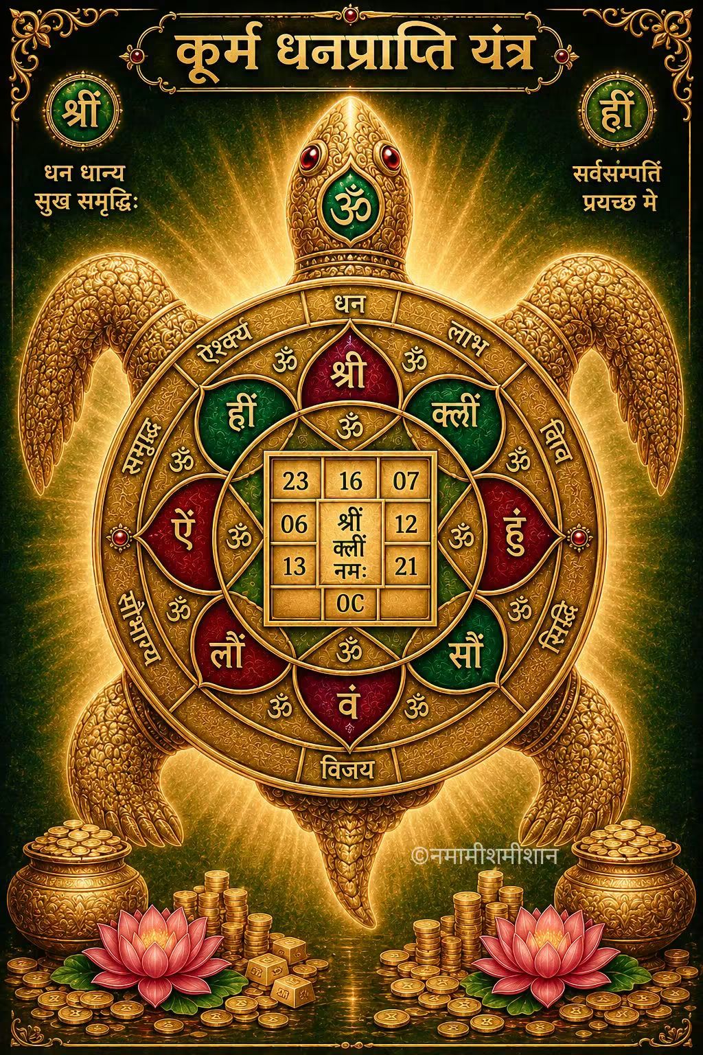 Kurma Dhanprapti Yantra illustrated in gold with lotus and mantra seals