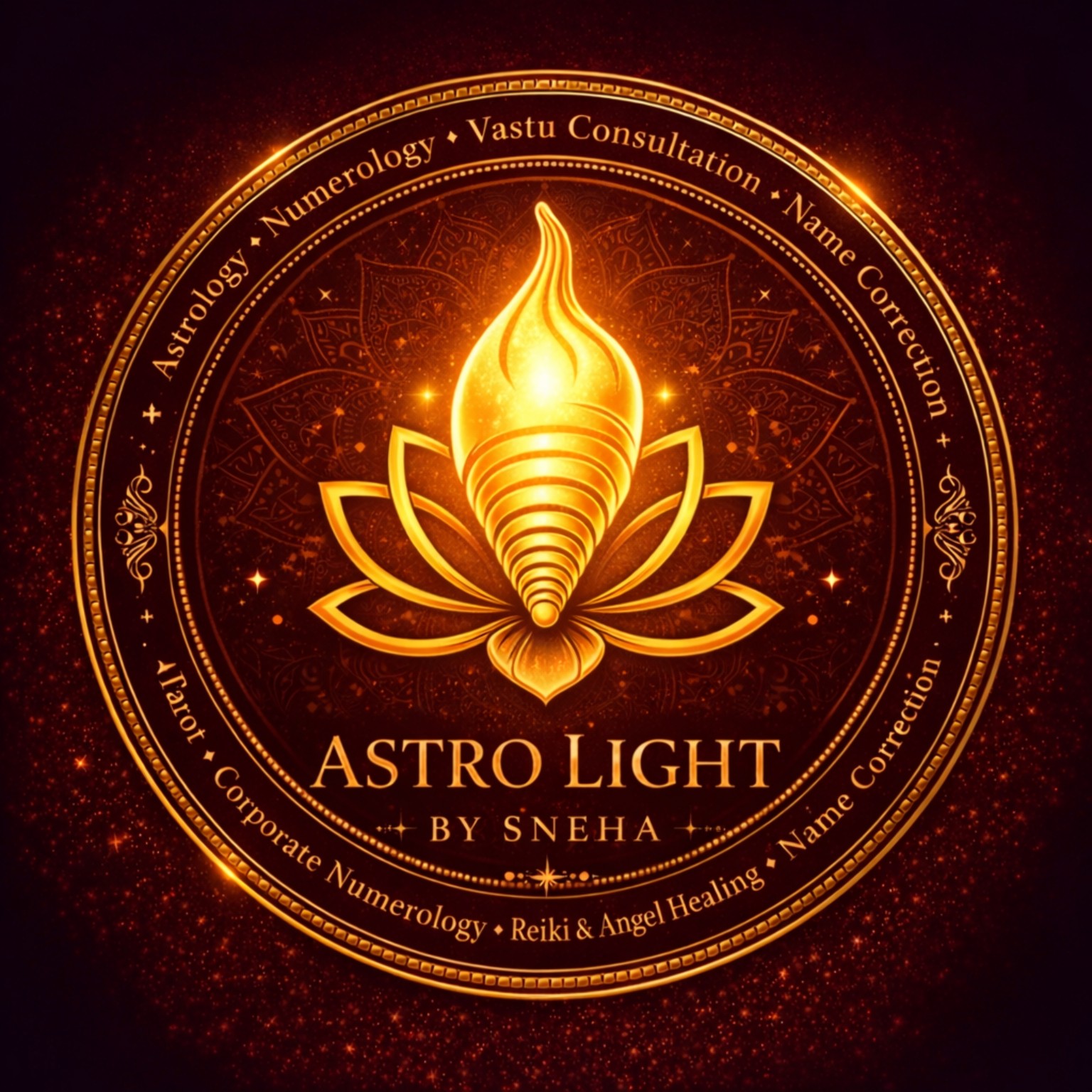 AstroLite emblem: a golden conch within a lotus